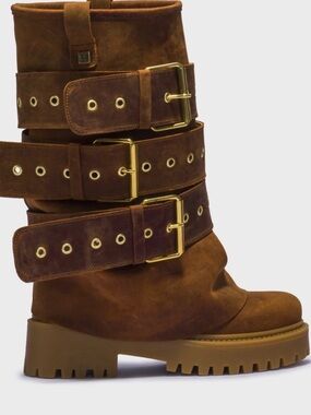 Women's Brown Suede Triple-Buckle Combat Boot